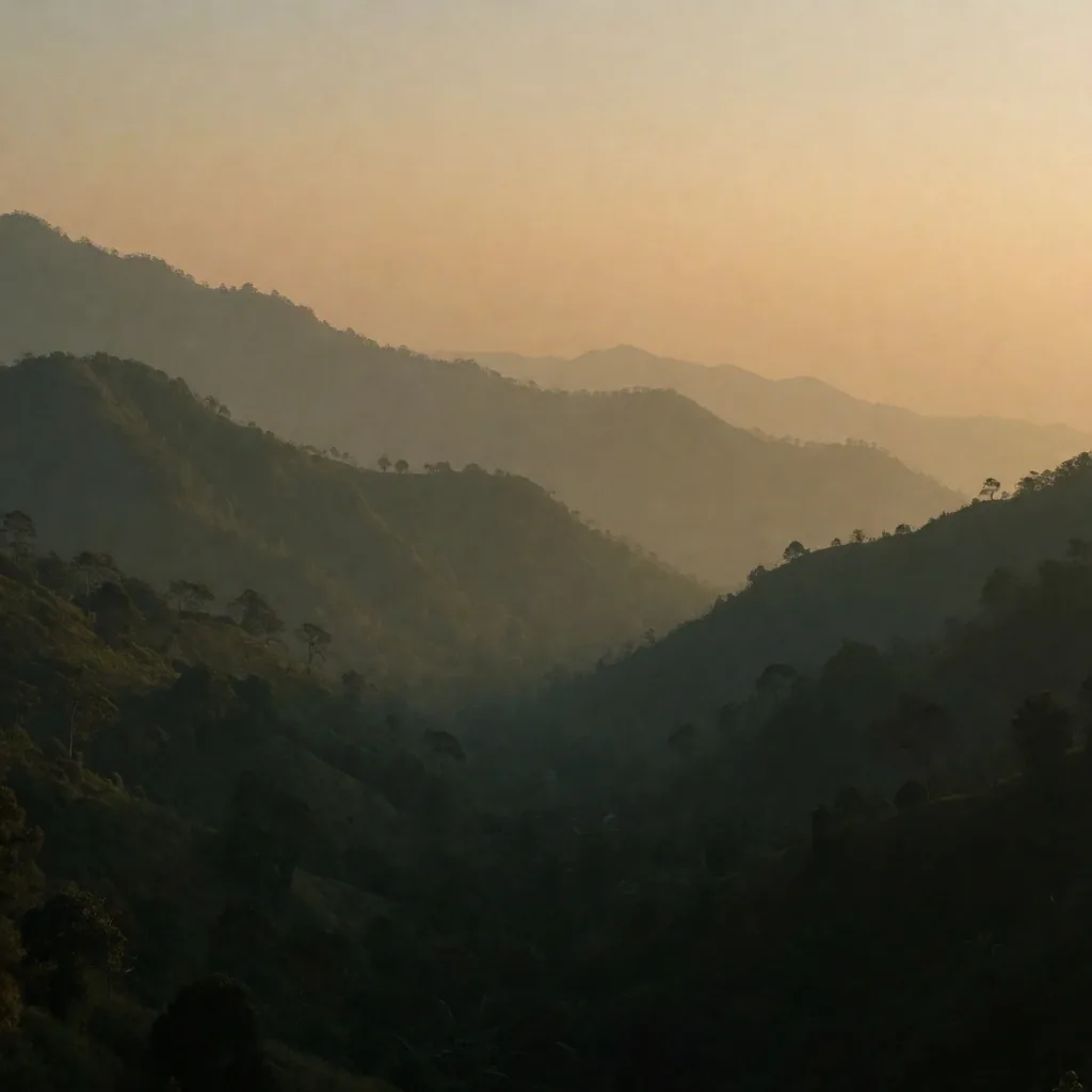 Misty mountain ridges at dusk near Yogyakarta