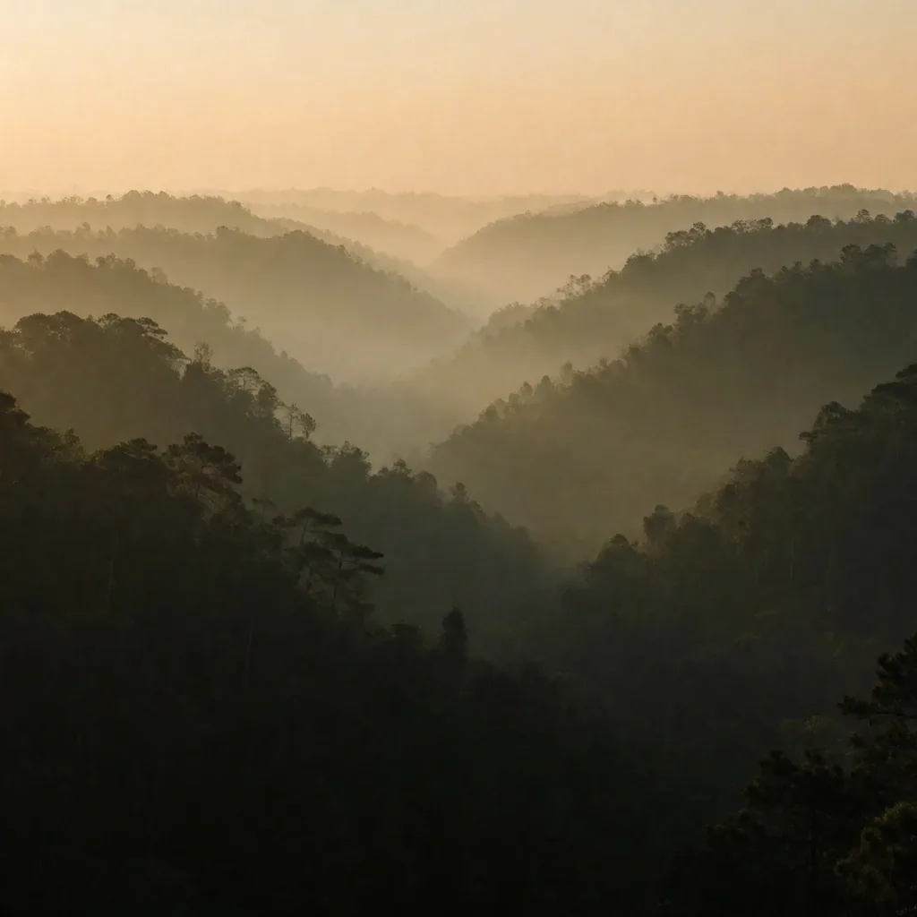 Misty mountain ridgelines at dusk near Yogyakarta