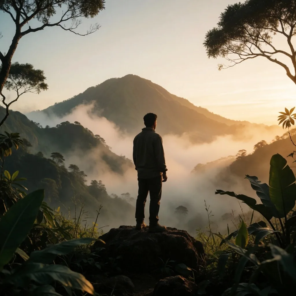 Misty Indonesian mountain peaks at golden hour dusk